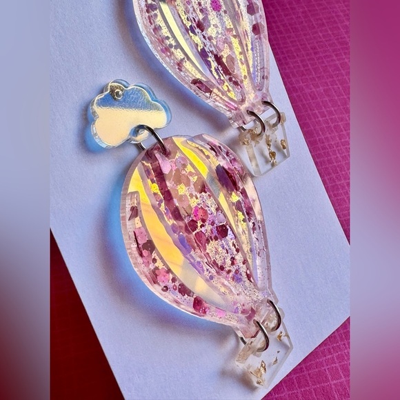 New Hot Air Balloon & Cloud w/ Glitter Acrylic Retro 80s Style Earrings - 2.5” - Picture 5 of 6